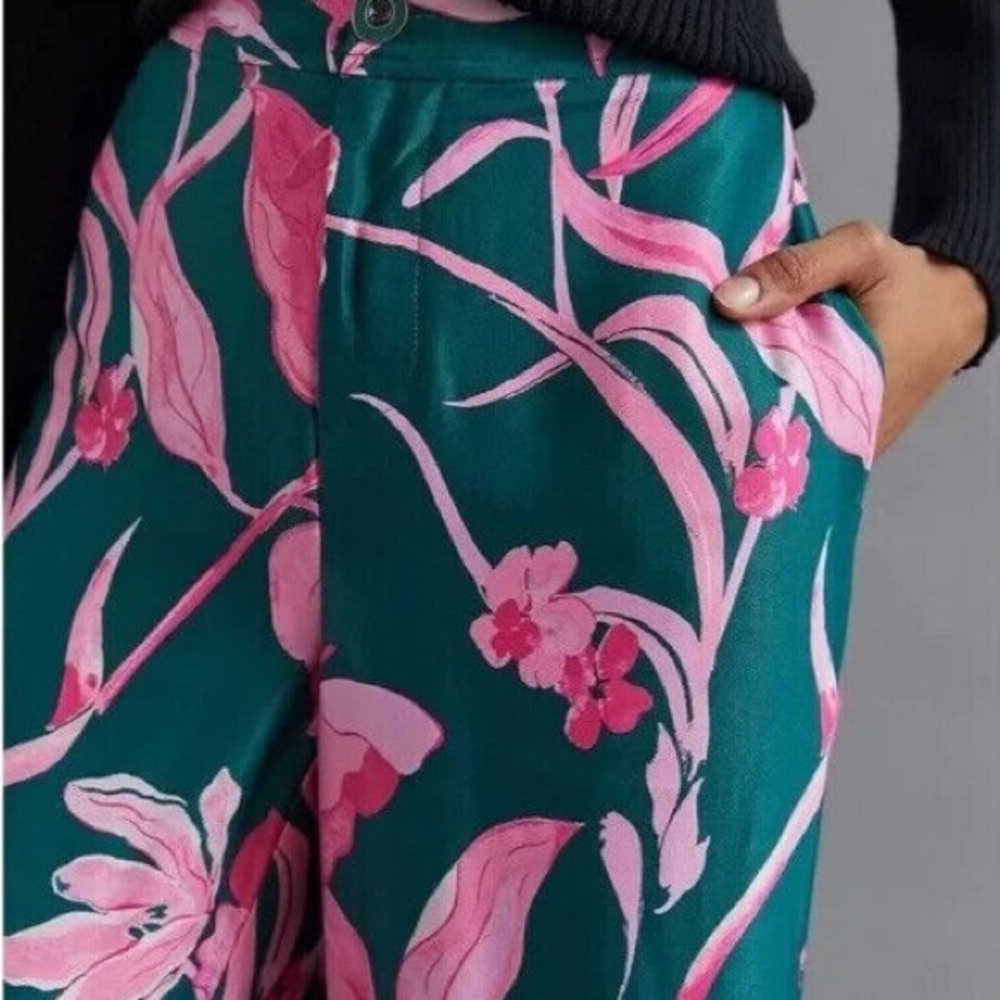 Anthropologie Tropical Floral Breezy Print Wide Leg Pants Green Pink Size 2 - Picture 4 of 13